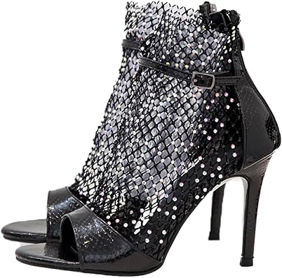Womens Rhinestone Peep Toe Mesh Stilettos Ankle Boots Summer Fashion Bling Back Zipper Breathable Sock Boots Fish Mouth Heeled Wedding Dress Summer Boots Sandals