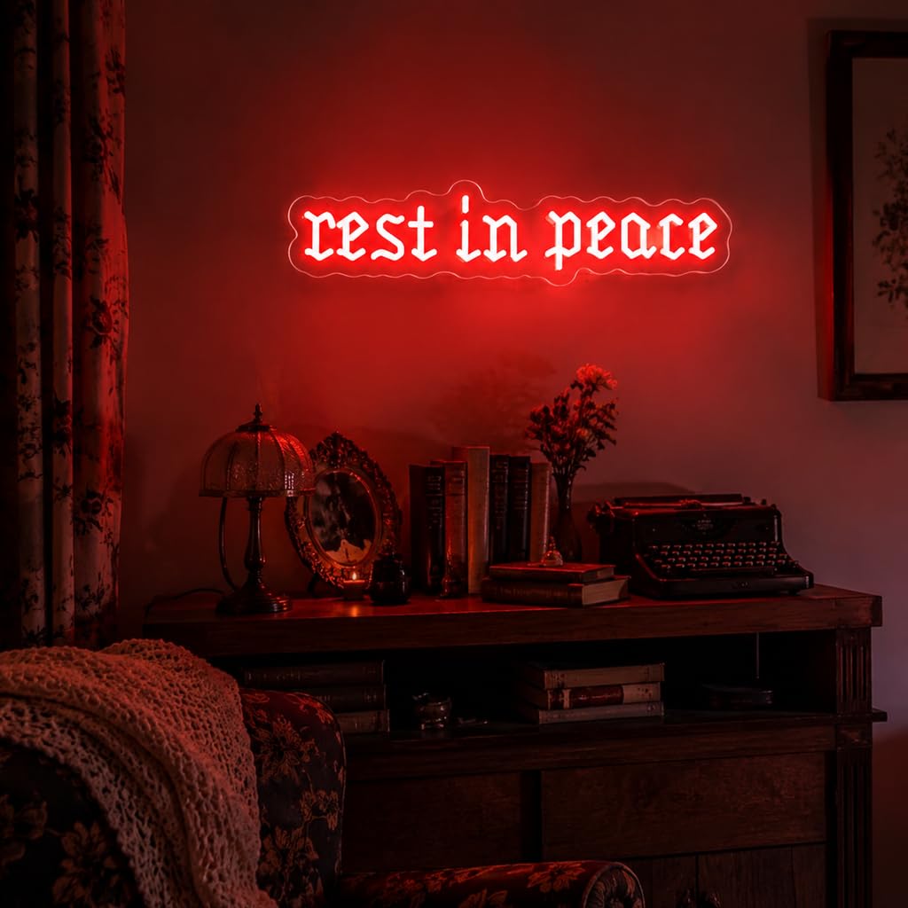 DAKABUKA Rest in Peace LED Neon Sign Red Gothic Letter USB Powered Neon Light Wall Decor for Halloween Party Bar Bathroom Bedroom Man Cave Memorial Wall Art (16.54"x3.5") — image 1