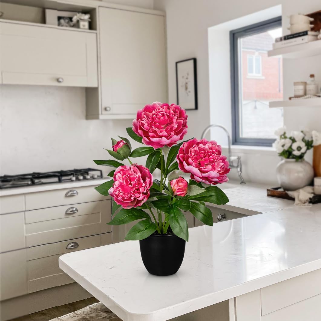 15" Peonies Artificial Flowers in Pot, Hot Pink Faux Peony Flowers Arrangement with 3 Blooms 2 Buds, Decorative Potted Floral Centerpieces for Home Table Office Desk Kitchen Counter Farmhouse Decor