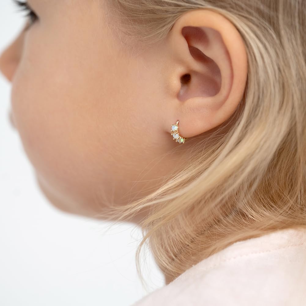 14k Yellow Gold Small Prong Set Simulated Opal Hoop Earrings For Babies and Toddler Girls 7mm - Little Girls Sparkling Earrings - Dainty Hoops For Children
