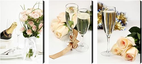 Looife Lienzo decorativo para pared de vino y flores, de 16 x 24 pulgadas, 3 paneles de flores de champán con estampado giclée, envuelto en galería,
