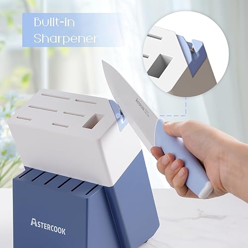 Miniatura 6 de Astercook - Juego de cuchillos de cocina con bloque y afilador de 15 piezas. Cuchillos alemanes de acero inoxidable de alta carbono con Azul