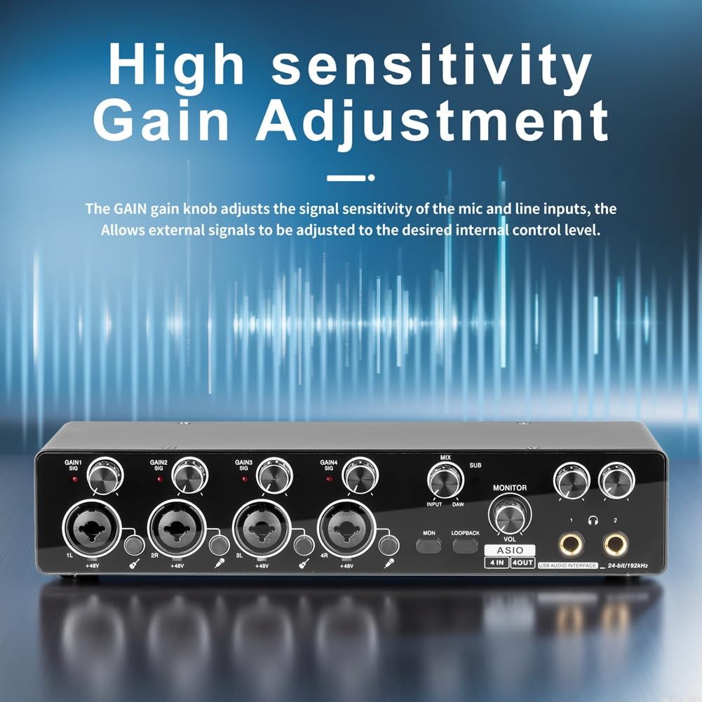 Interfaz de Audio USB Profesional de 4 Canales para Estudio, Grabación en, Tarjeta de Sonido, Preamplificador de Micrófono, Compatible con ASIO.
