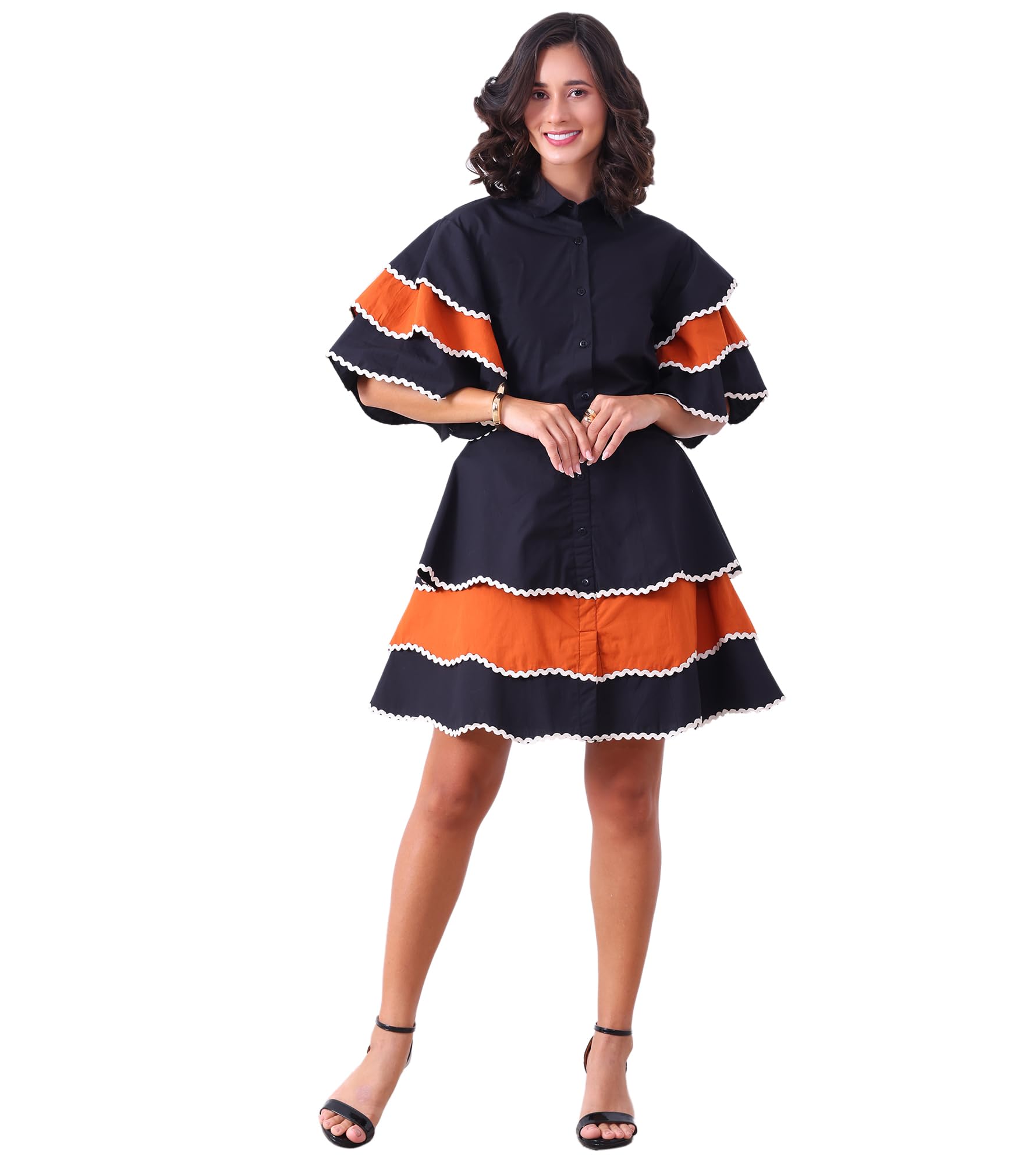 Women's Solid Thigh Length Shirt with Skirt|Shirt Collar|Ruffle Sleeve|Cord Set for Women Cotton|Jumpsuits Western Dress for Women Stylish|Two Piece Co ord Set|Party Casual Wear(Black&Orange)