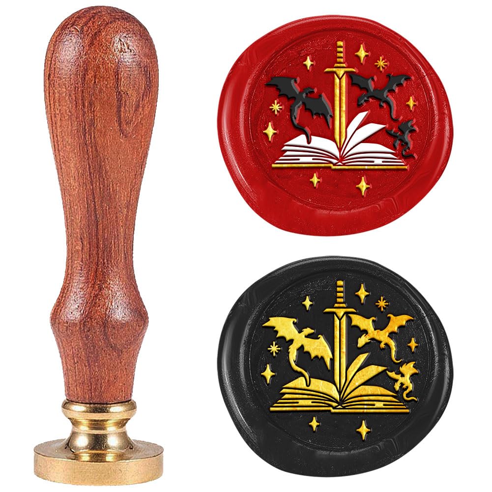 DELORIGIN Book Sword Dragon Wax Seal Stamp Vintage Embossed Stamp Sealing Removable 1" Brass Sealing Wax Head with Wooden Handle for Invitations Greeting Card Envelopes Craft Wine Gift Wrapping