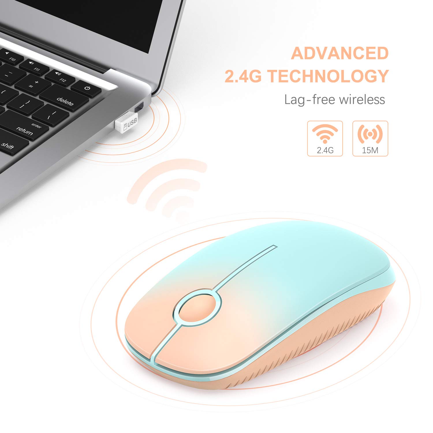 VssoPlor Wireless Mouse, 2.4G Slim Portable Computer Laptop Mouse with Nano Receiver Quiet Silent Optical Mice for Notebook, PC, Laptop, Computer-: Orange to Green