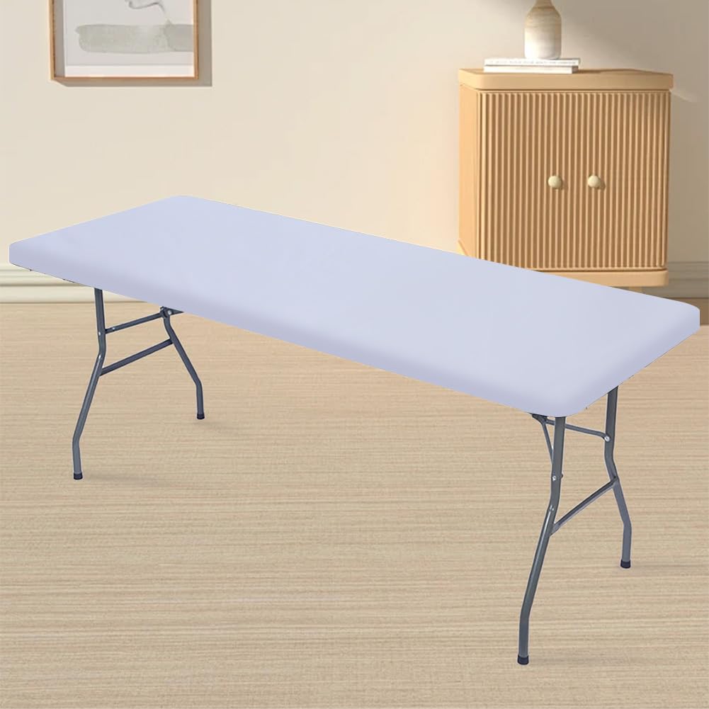 GORGECRAFT 2Pcs Elastic Fitted Picnic Tablecloths 72x30 Inch Rectangle Waterproof Table Covers White Washable 6ft Folding Tables Polyester Cloth for Indoor Outdoor Patio Beach Camping BBQ Parties - Image 3