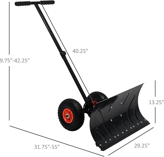 Snow Pusher,Snow Shovel with Wheels,Snow Shovel for Driveway,Snow Plow Shovel with 10 Pneumatic Wheels, Angle Adjustable Blade & Handle29 W X 16.5 H (Black)