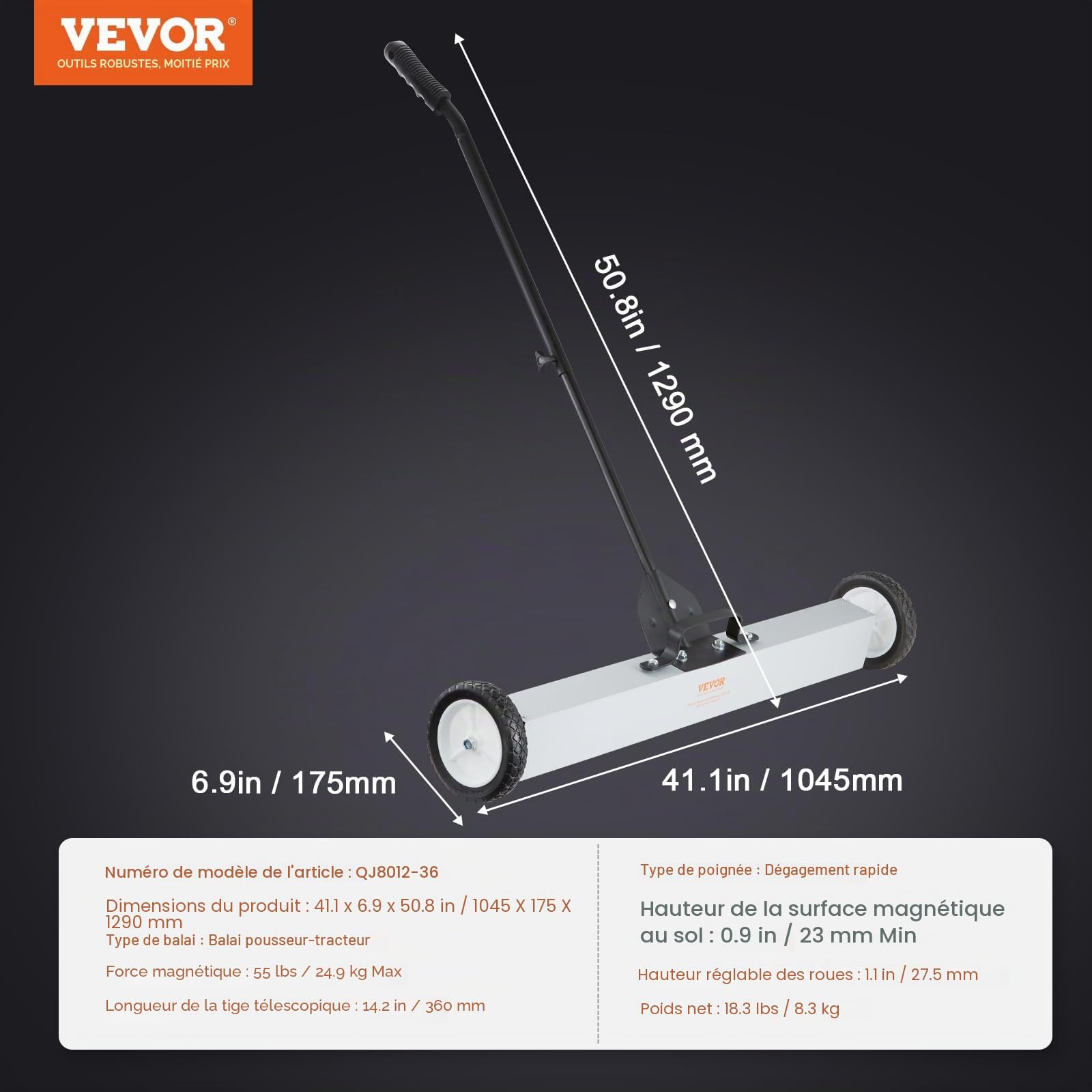 VEVOR Balayeuse Magnétique 24,9 kg Balai Magnétique Télescopique 77-113 cm 745 mm avec Roues