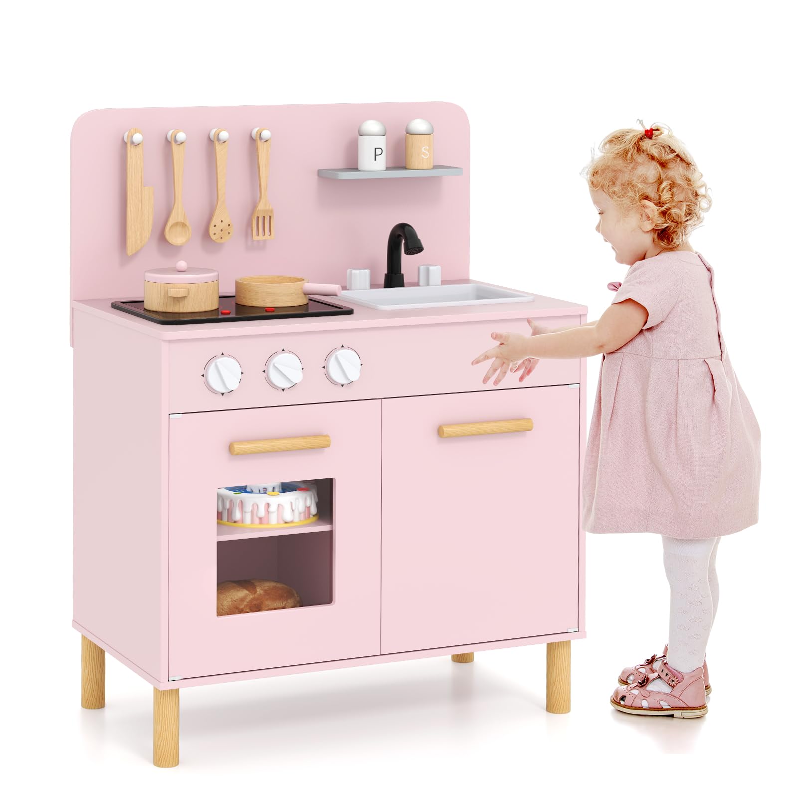 HOMASIS Cuisine pour Enfant en Bois, Ensemble de Cuisine avec Effets de Lumière et de Son Cuisinière, Évier, Étagères de Rangement, Four, Ustensiles pour Enfants de 3 Ans + (Rose)