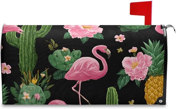 Mailbox Covers Magnetic Standard Size Letter Box Covers Mailbox Wraps for Home Outdoor Garden Yard Decoration 20.8x25.4in Black Flamingo and Cactus Pineapple Flower Tropical02