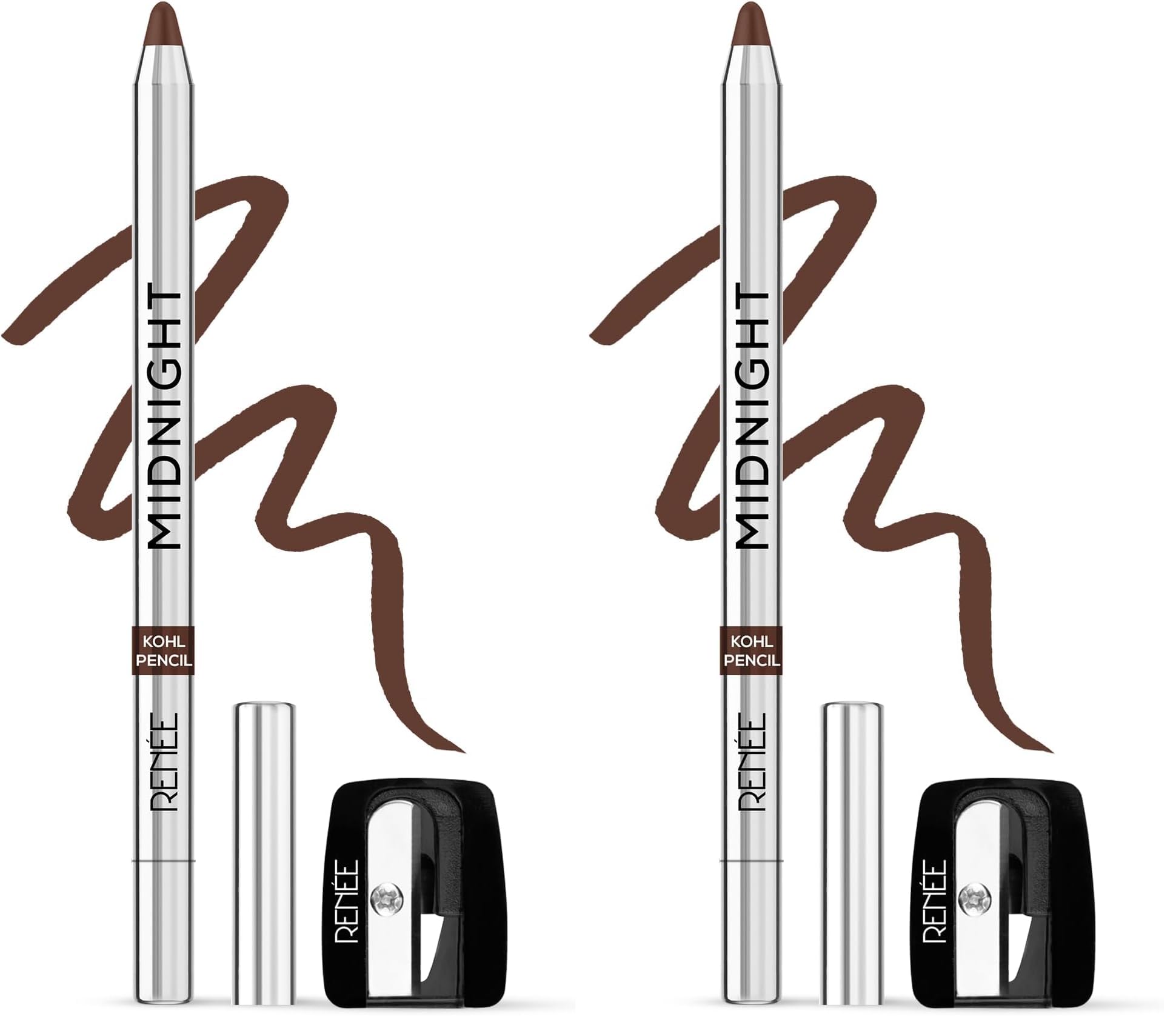 RENEE Midnight Kohl Pencil- Brown | Waterproof, Smudge-proof Kajal With Sharpener | Matte Finish, Long-lasting Upto 24 Hours | One-swipe Application With Vitamin E | 1.5 g (Pack of 2)-image-4