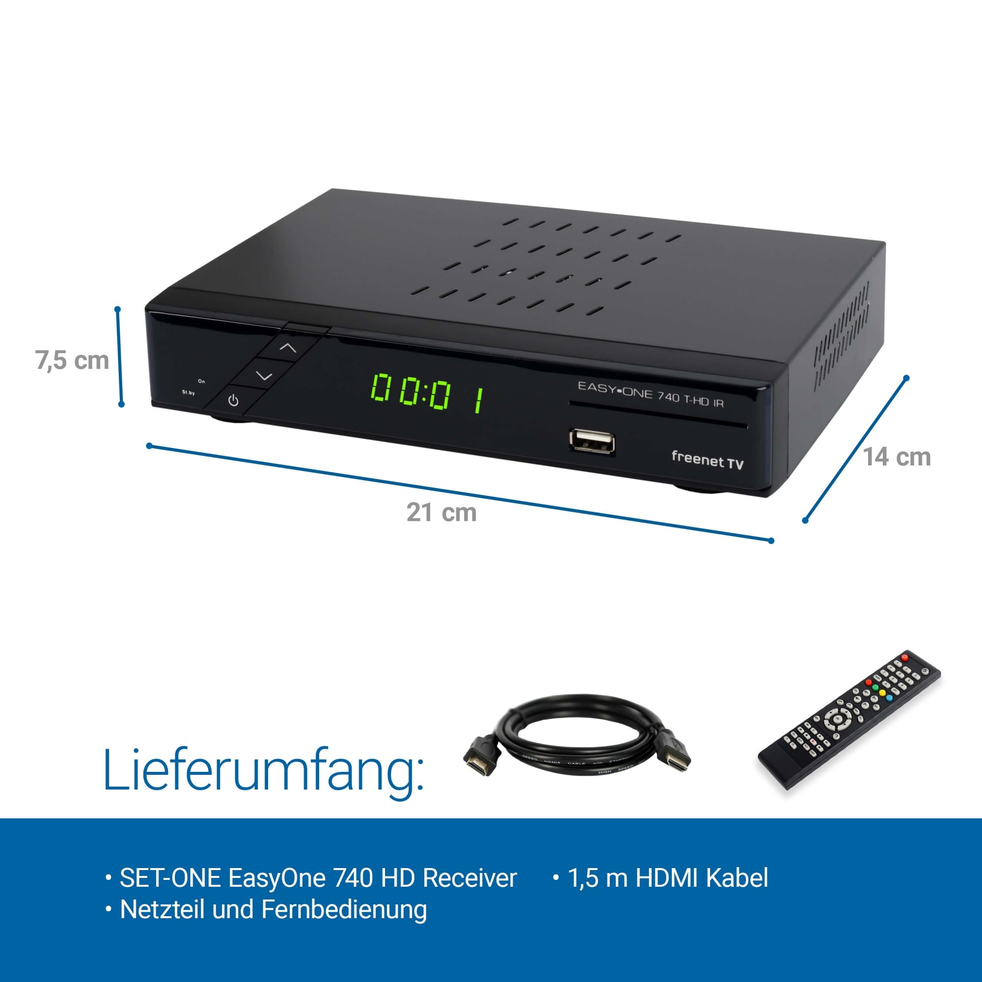 SET-ONE EasyOne 740 HD DVB-T2 Receiver, Freenet TV (Private Sender in HD), Full-HD 1080p, HDMI, USB 2.0, 12V tauglich, 1,5m HDMI Kabel
