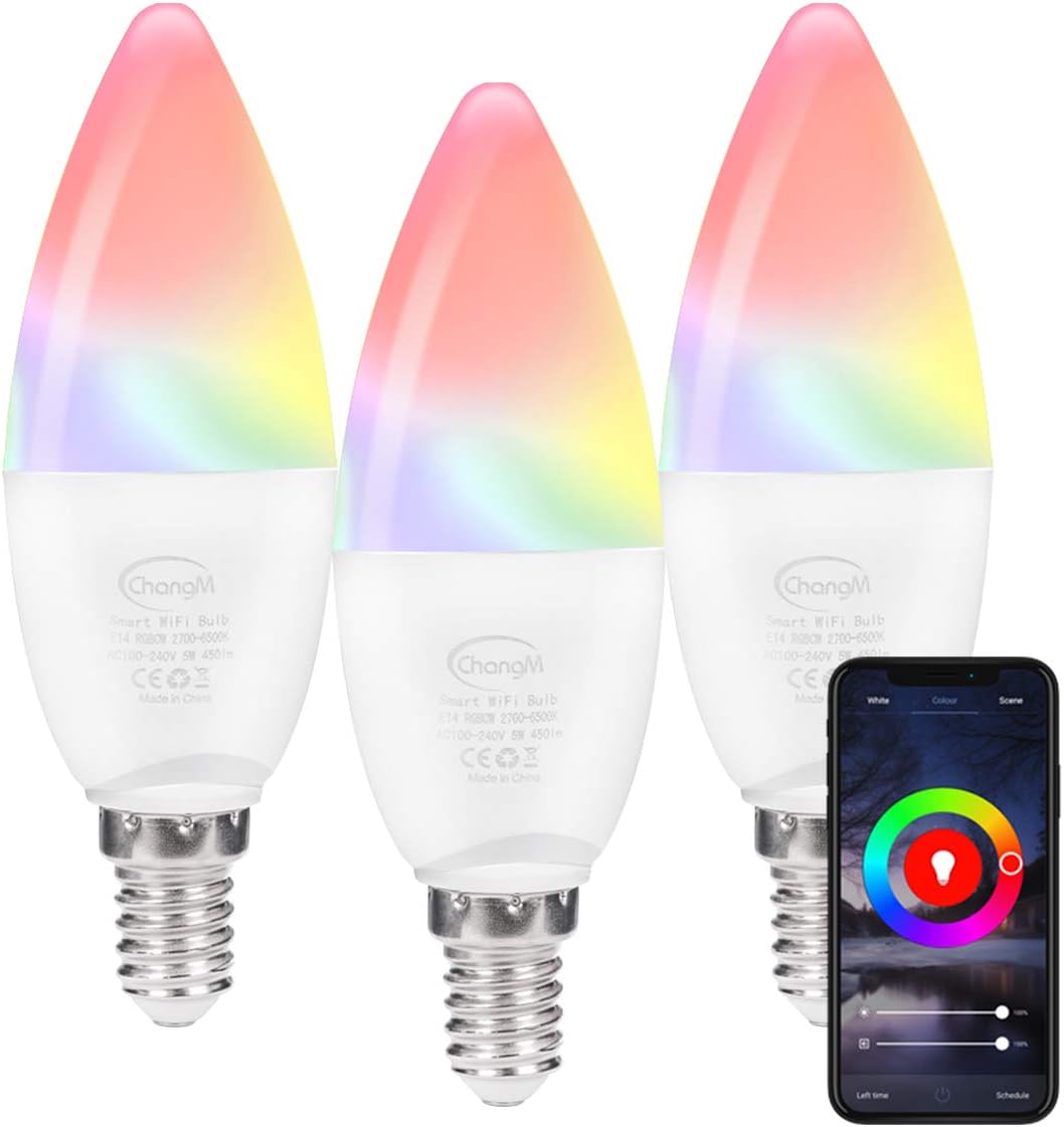 LED Smart WiFi E12 Light Bulbs Candelabra, 5W Color Changing Bulb, Dimmable RGB Candle Light Bulb Decorative, Smart Chandelier Lighting Work with Alexa Google Home for Home Room Decor(3 Pack)