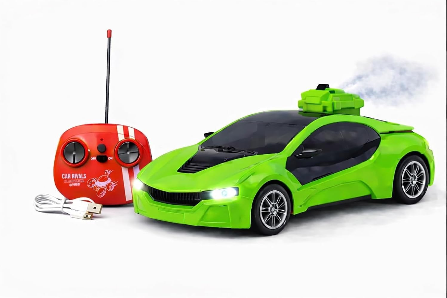 Brand Conquer 1:24 High-Speed RC Car for Kids – 2WD Rechargeable Remote Control Sports Car with Realistic Smoke Fog Effect, LED Lights, Type-C Charging, Durable ABS Body Toy Car (Green)