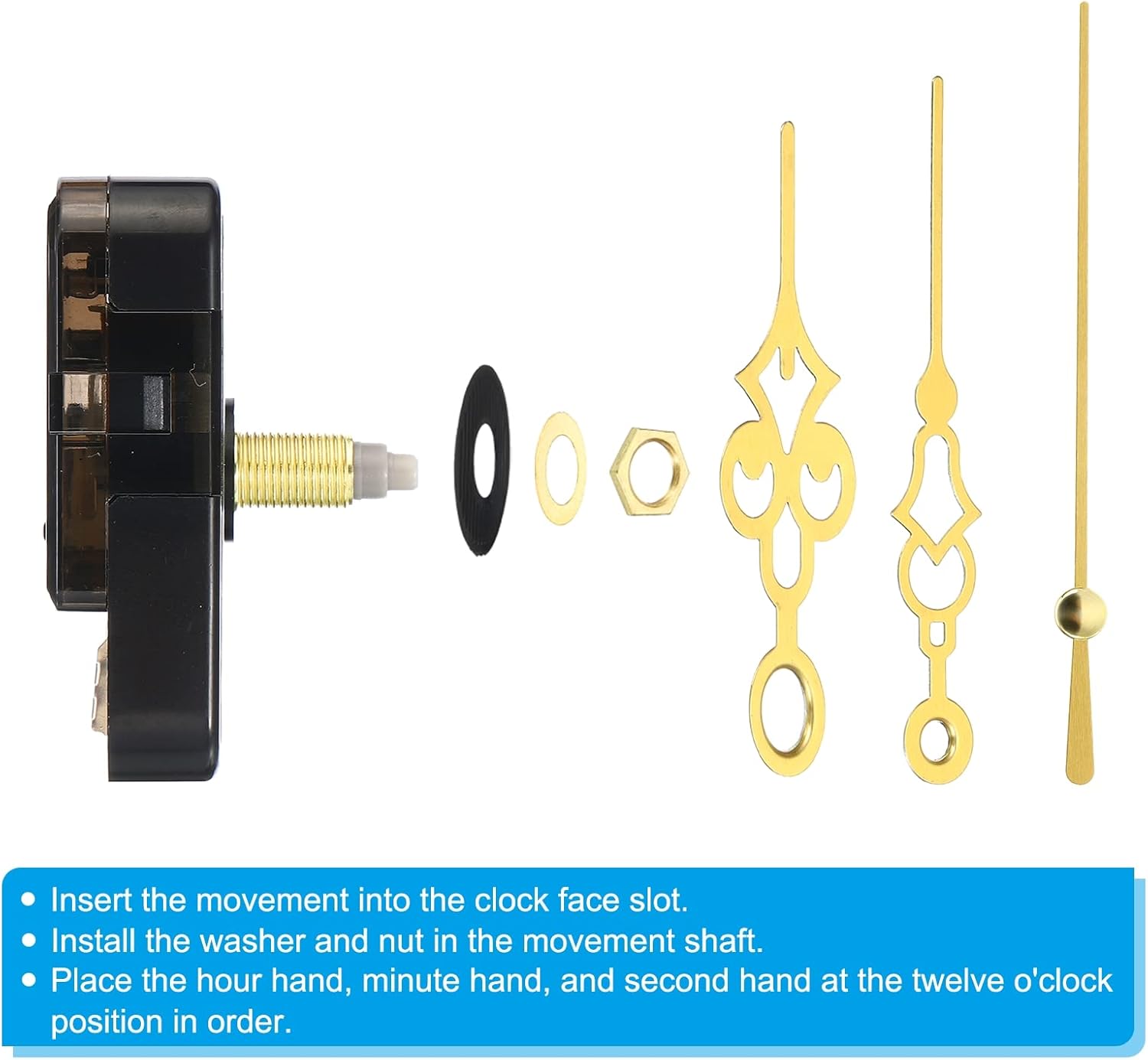Clock Mechanism Replacement, 1 Set Quartz Clock Mechanism Battery Operated Long Shaft DIY Wall Clock Hands Motor Movement Kit Repair Parts, Golden