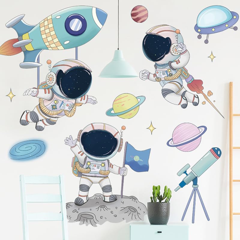 Image of Space Peel and Stick Wall Stickers - Planets, Astronaut, Rocket, Spacecraft, Alien, Solar System, Galaxy Universe Stars Decal for Kids, Boys, Girls, Toddler Nursery Bedroom - 90 x 1 Cm