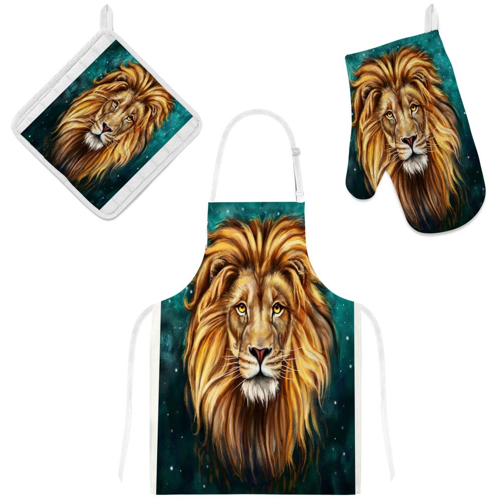 Tablier de cuisine avec poches motif lion, gant et manique de protection