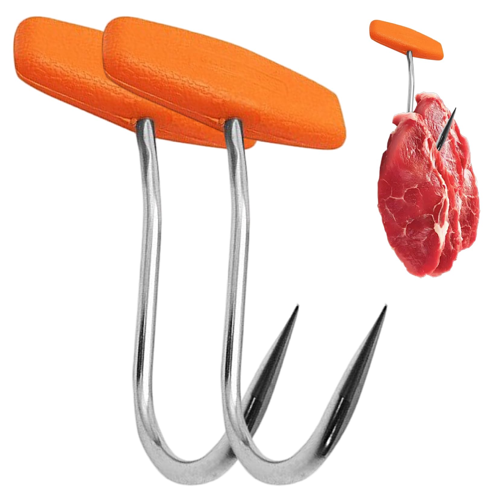 Cakeeyum Orange 2Pcs Meat Hook For Butchering 5 Inch T-Shaped Meat Hooks With Handle Stainless Steel Butcher Shop Tool Kit Hook, Hooks, For Hanging, Hanging, Hay