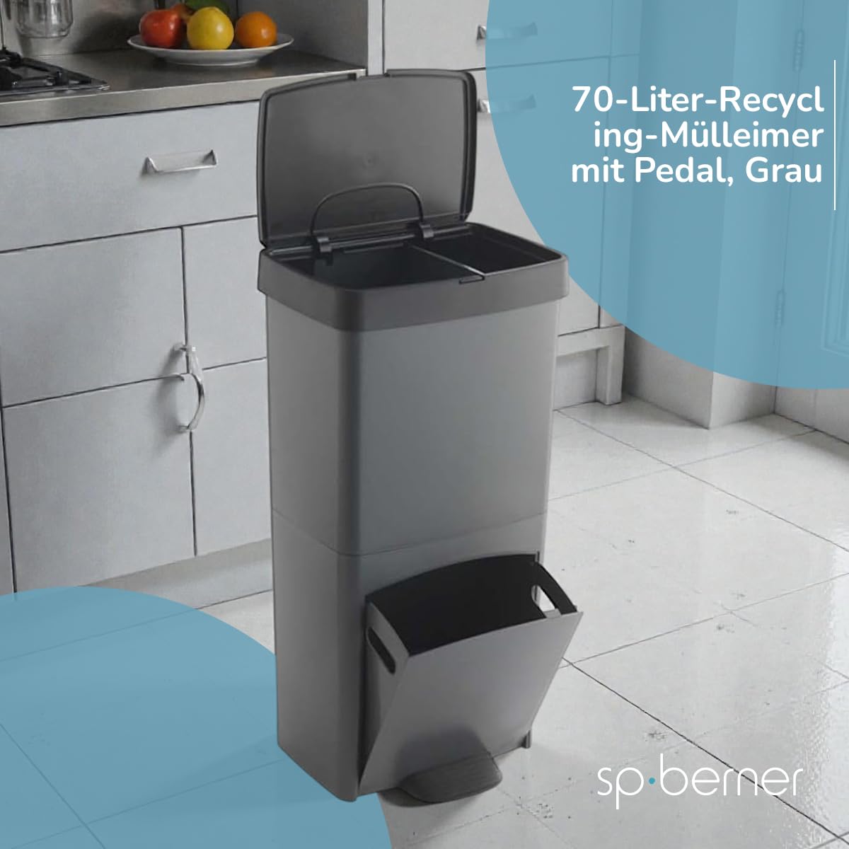 SP Berner – Recycling-Abfalleimer 70 l mit Pedal – 3 Fächer (30 l + 10 l + 30 l) – Ideal für Küche, Haushalt, Büro und Unternehmen – 100% recycelbar – Grau