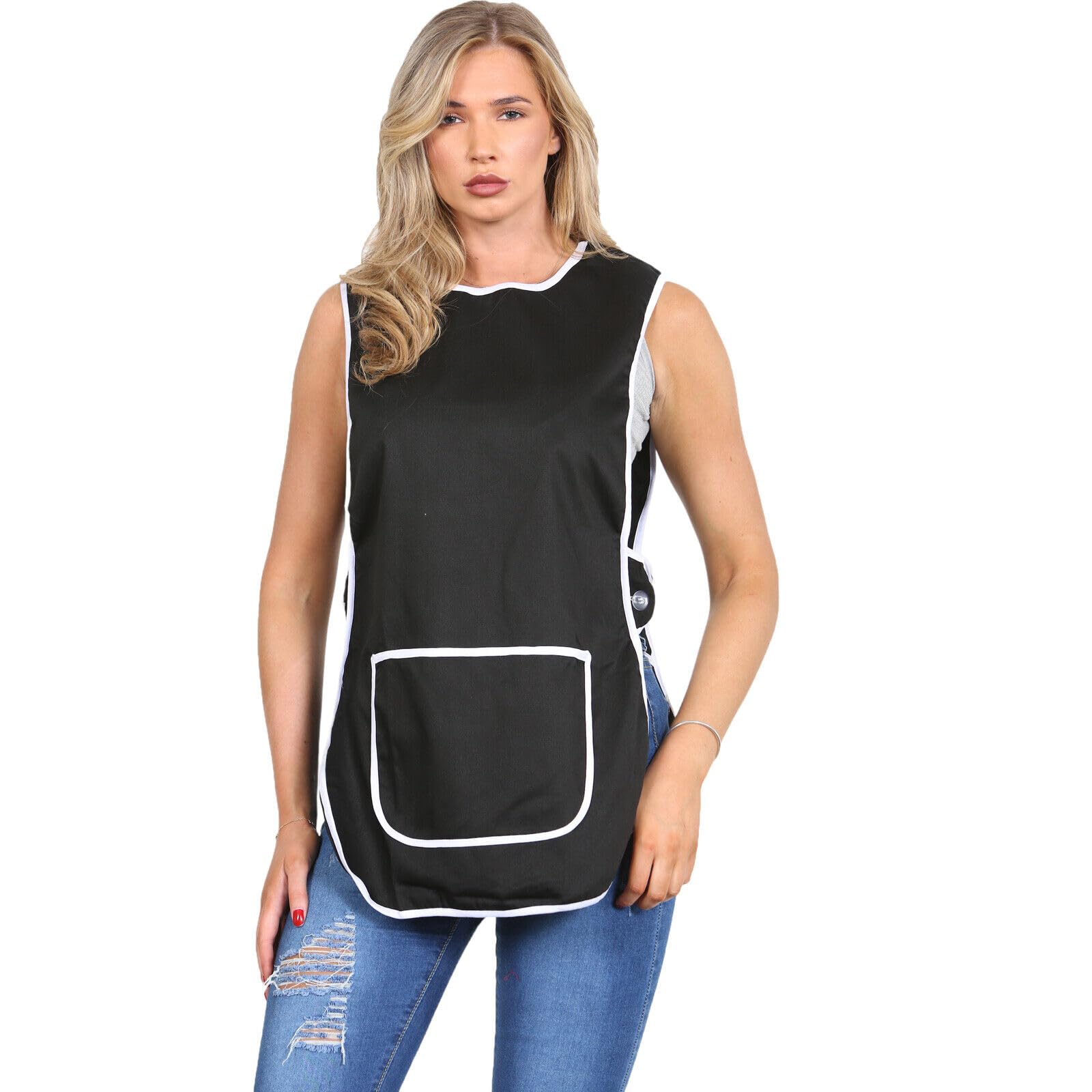 MyShoeStore Tabard Work Apron with Side Button Fastening and Large Centre Pocket for Kitchen Cleaning Catering, Black Plain, S/WMS