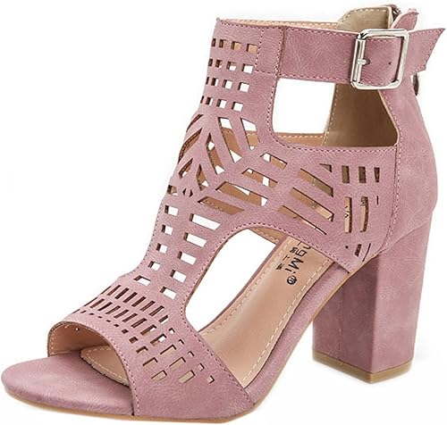 Miniatura 7 de Sandalias de tacón grueso para mujer, con tiras recortadas, puntera abierta, tacones de bloque de verano, con hebilla para fiesta, sandalias