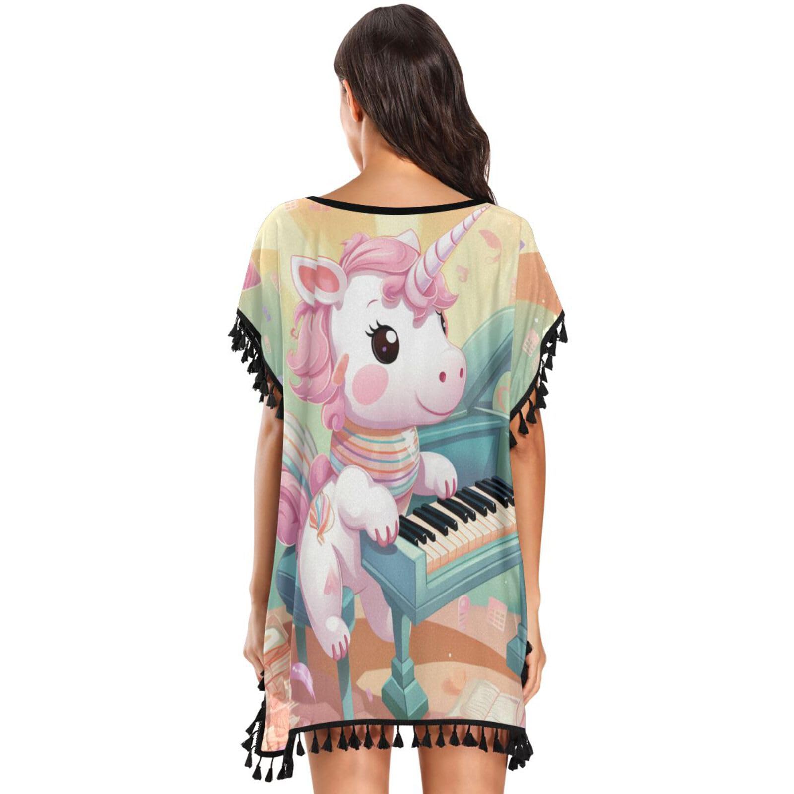 Cartoon Pink Unicorn Women's Beach Cover Up Chiffon Tassel Swimwear Swimsuit Coverups for Girl