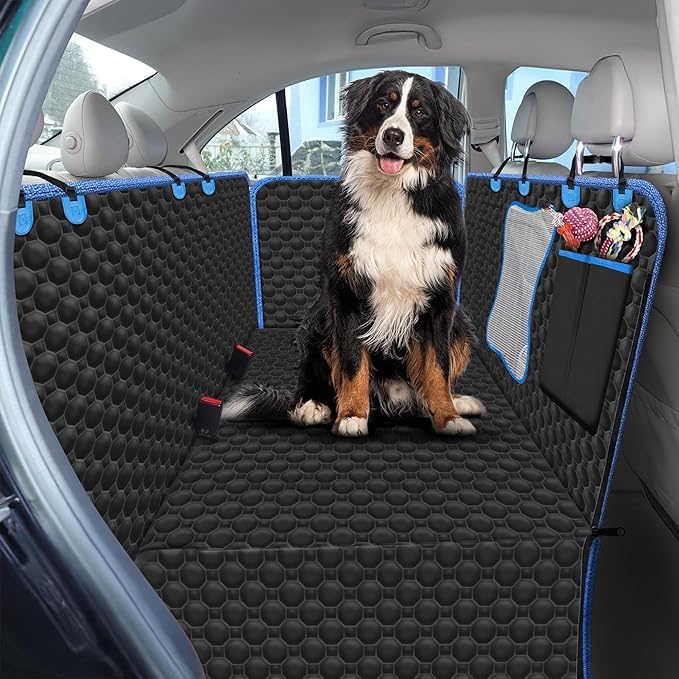 Dog Car Seat Cover -Scratchproof Protector –Waterproof Backseat Cover for Cars –Nonslip Dog Accessories with Mesh Window–Universal Fit for Cars, Trucks, SUVs (Blue, Flat Bone Mesh)