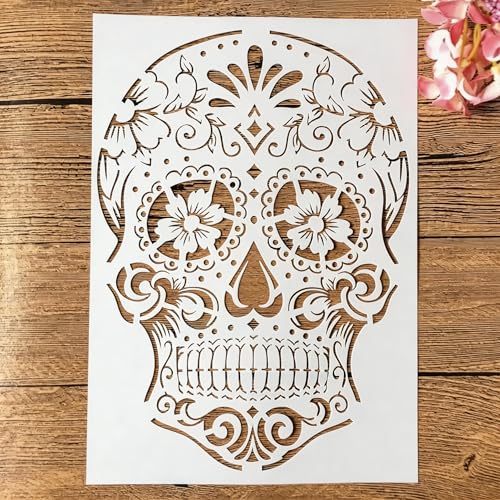 TIAMECH A4 Reusable Mandala Skull Stencil for Painting - Sugar Dead Skeleton Layering Template, DIY Wall Art, Wood Furniture, Scrapbook & Crafts (8.3x11.7inch)