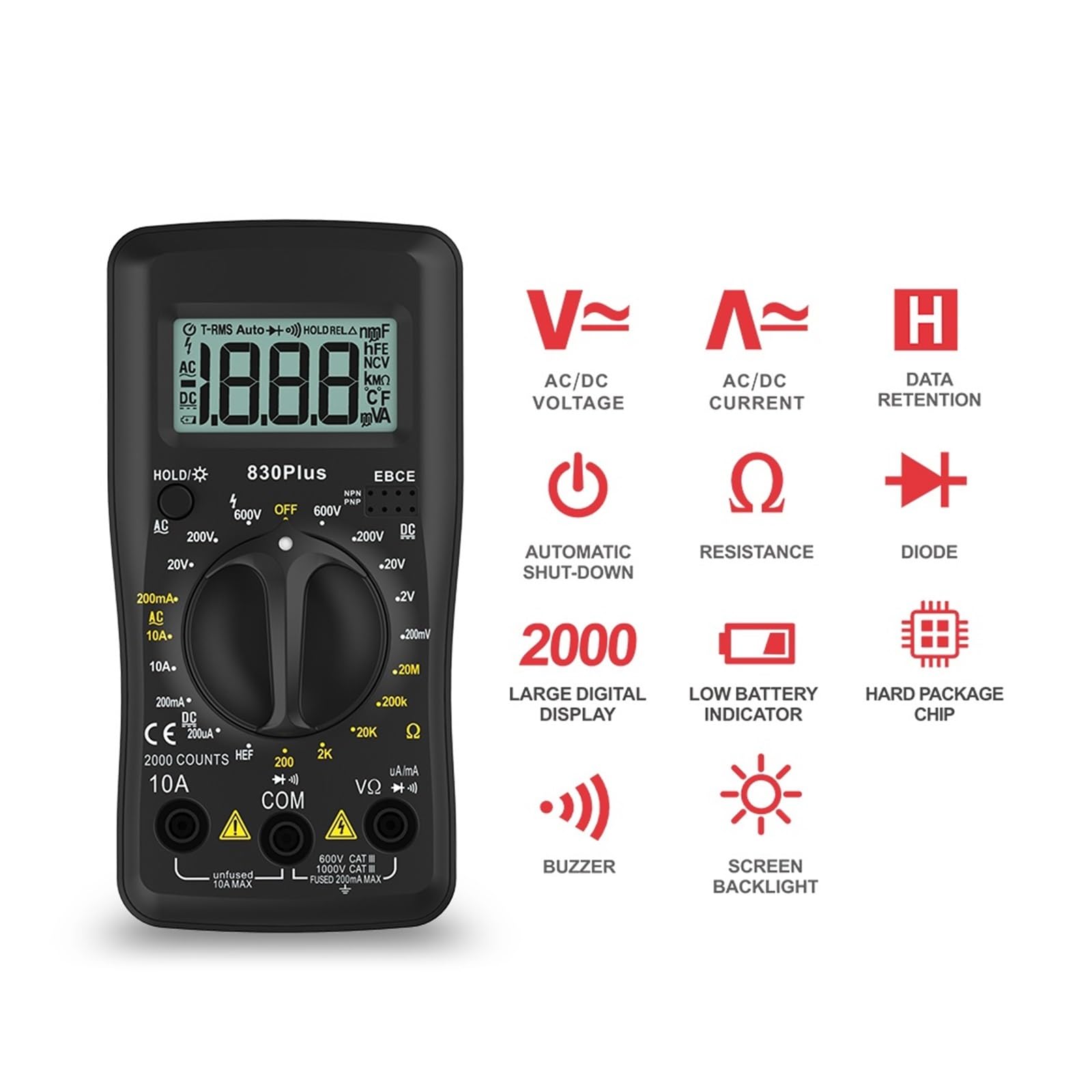 Multimetr cyfrowy AC/DC Votage Aktualny automatyczny Tester 2000 zlicza True Ohm Amperomierz Miernik pojemności Szybko Dokładnie Łatwy Odczyt(C)