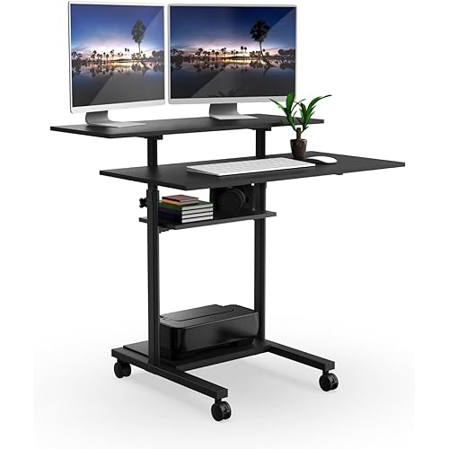 Mount-It! Mobile Desk Workstation 40 Inch Wide Large Rolling Computer Desk is Height Adjustable to 64 Inches, Sit Stand Computer Cart with Multi Level Shelves on Wheels in Black