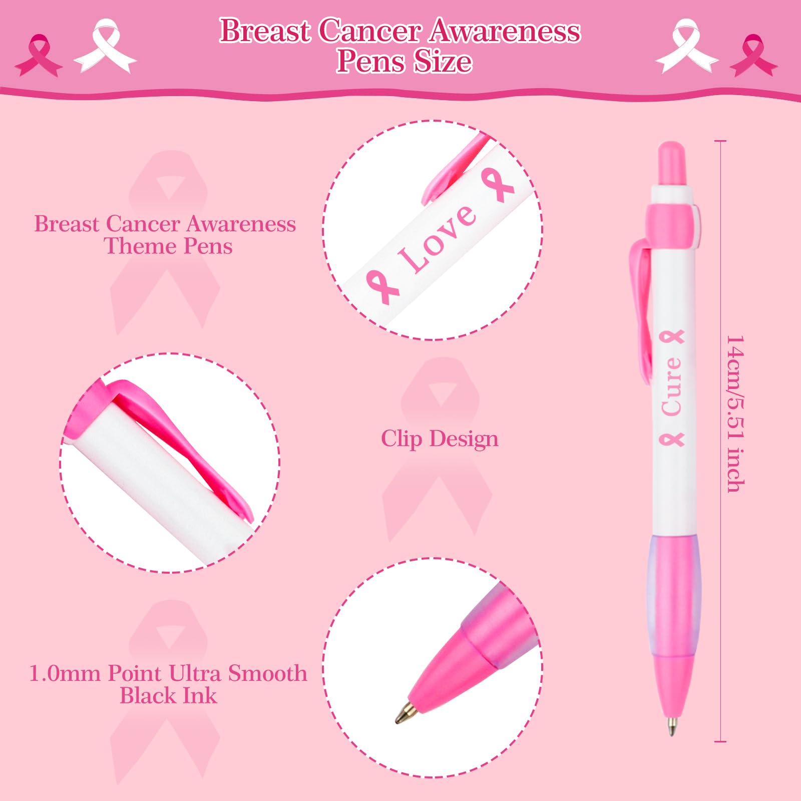Lot De 24 Stylos à Bille Avec Cartes Inspirantes - Thème Ruban Rose Cancer Du Sein - Cadeaux Pour événements Caritatifs