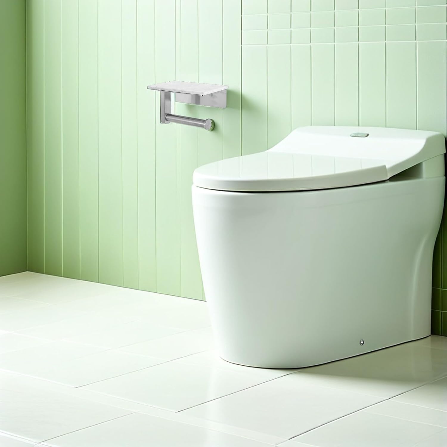 Toilet Paper Holder Wall Mount with White Marble Shelf, Brushed Small Size Tissue Rack for Bathroom Toilet Roll Storage, Screw Mounted Bathroom Paper Towel Organizer