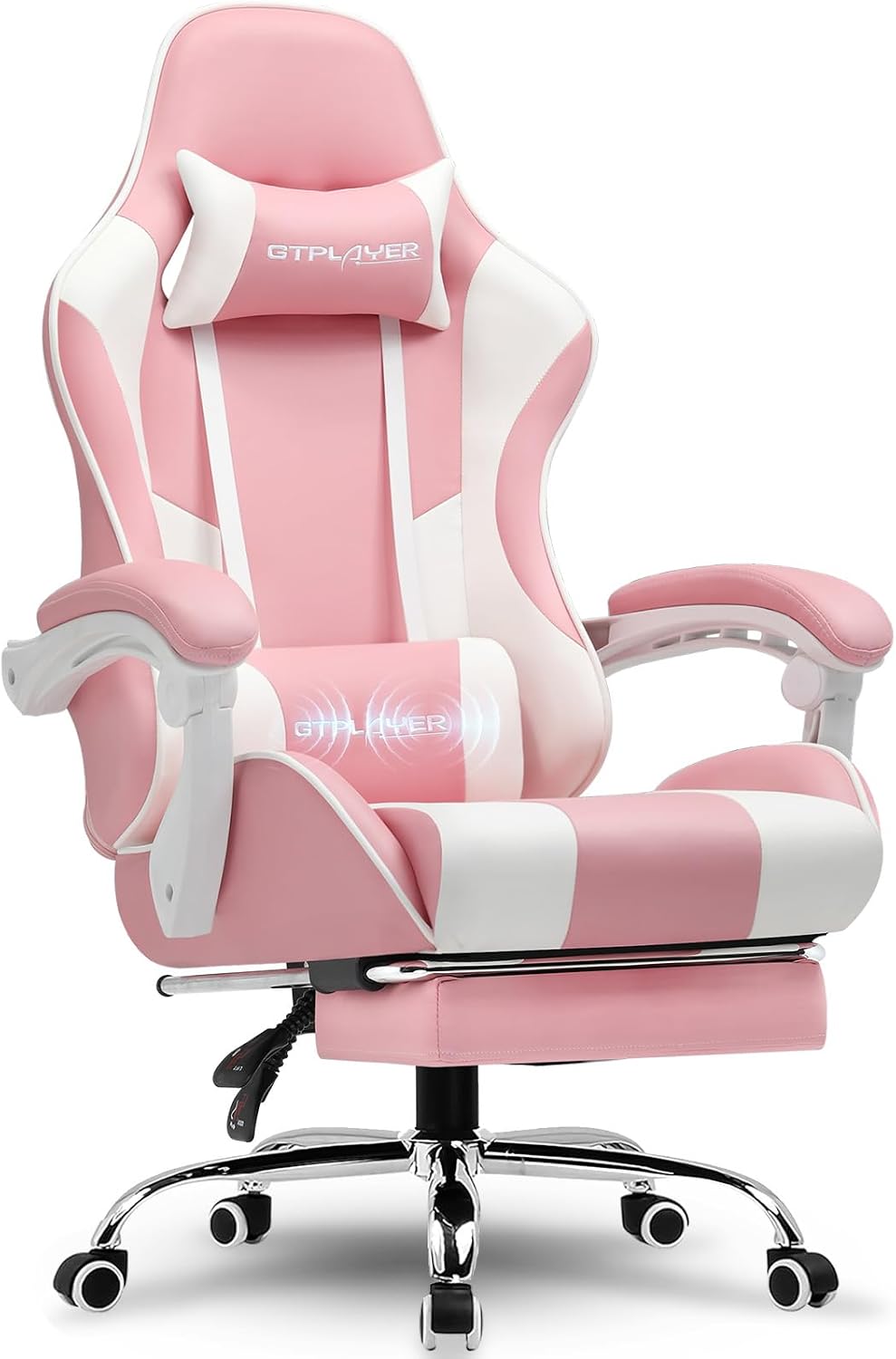 GTPLAYER Gaming Chair, Office Chair, Ergonomic PC Chair, Gaming Chair with Massage Lumbar Support, Task Chairs with Footrest and Headrest, Pink Faux Leather