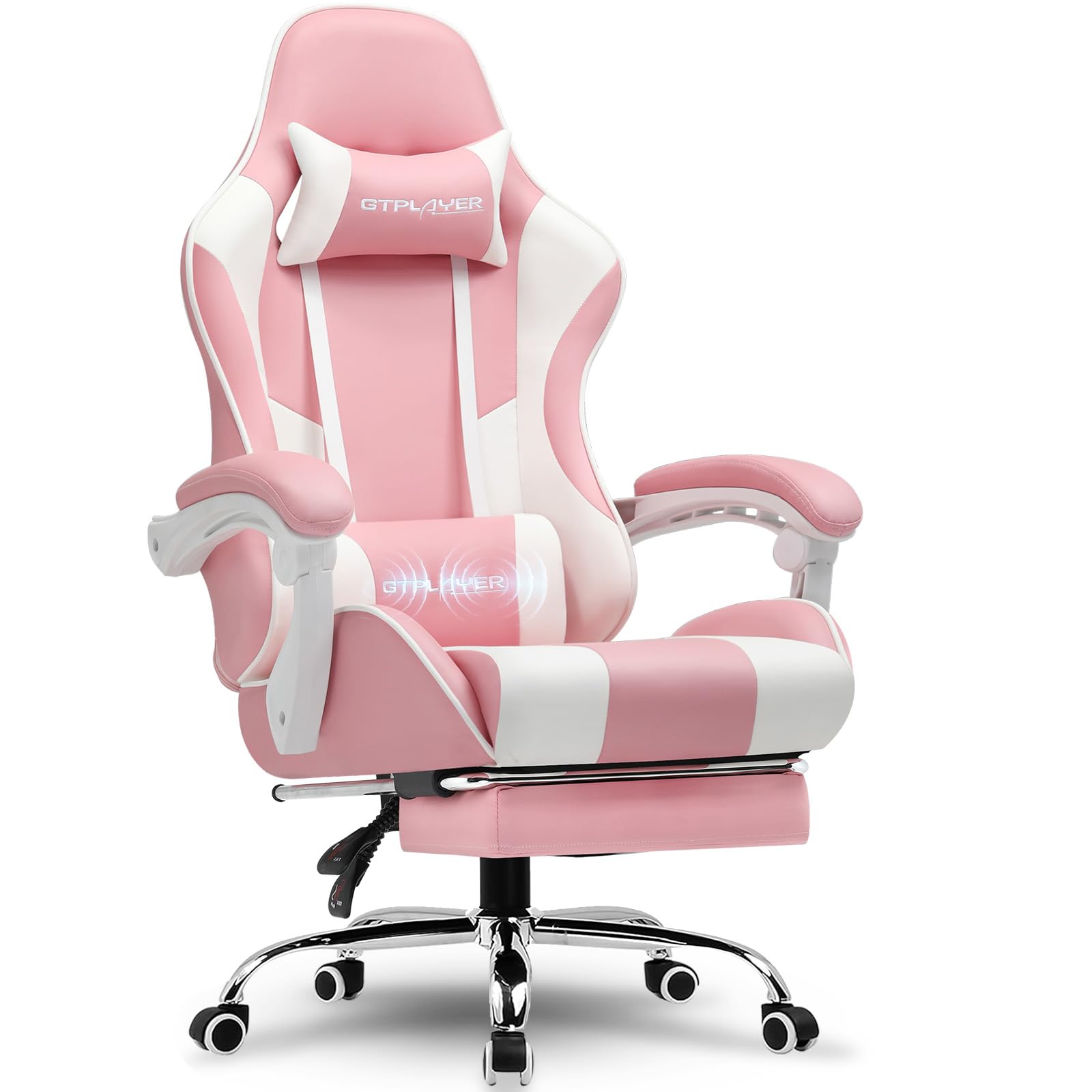 GTPLAYER Silla para Videojuegos, Silla de Oficina, Silla ergonómica para PC, sillón de Gaming con Soporte Lumbar de Masaje, sillas de Tarea con reposapiés y reposacabezas, Piel sintética Rosa