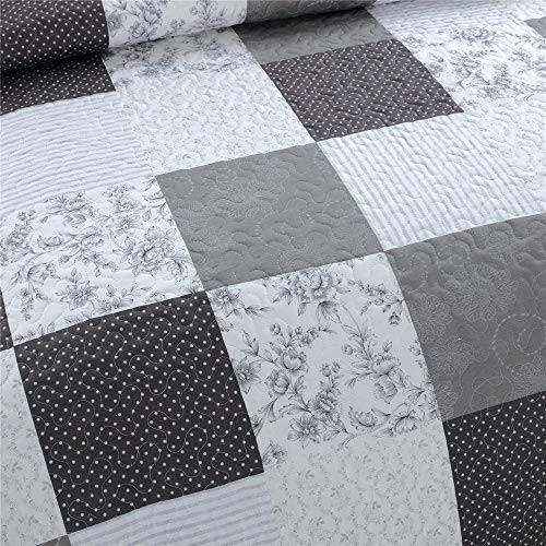 Ycosy Floral Quilt Set Full/Queen Size Patchwork Plaid Bedding Set Flower Reversible Bedspread Morden Lightweight Coverlet Grey White Black Plaid Quilts Bed Cover Sets With 2 Pillow Shams #TOP3