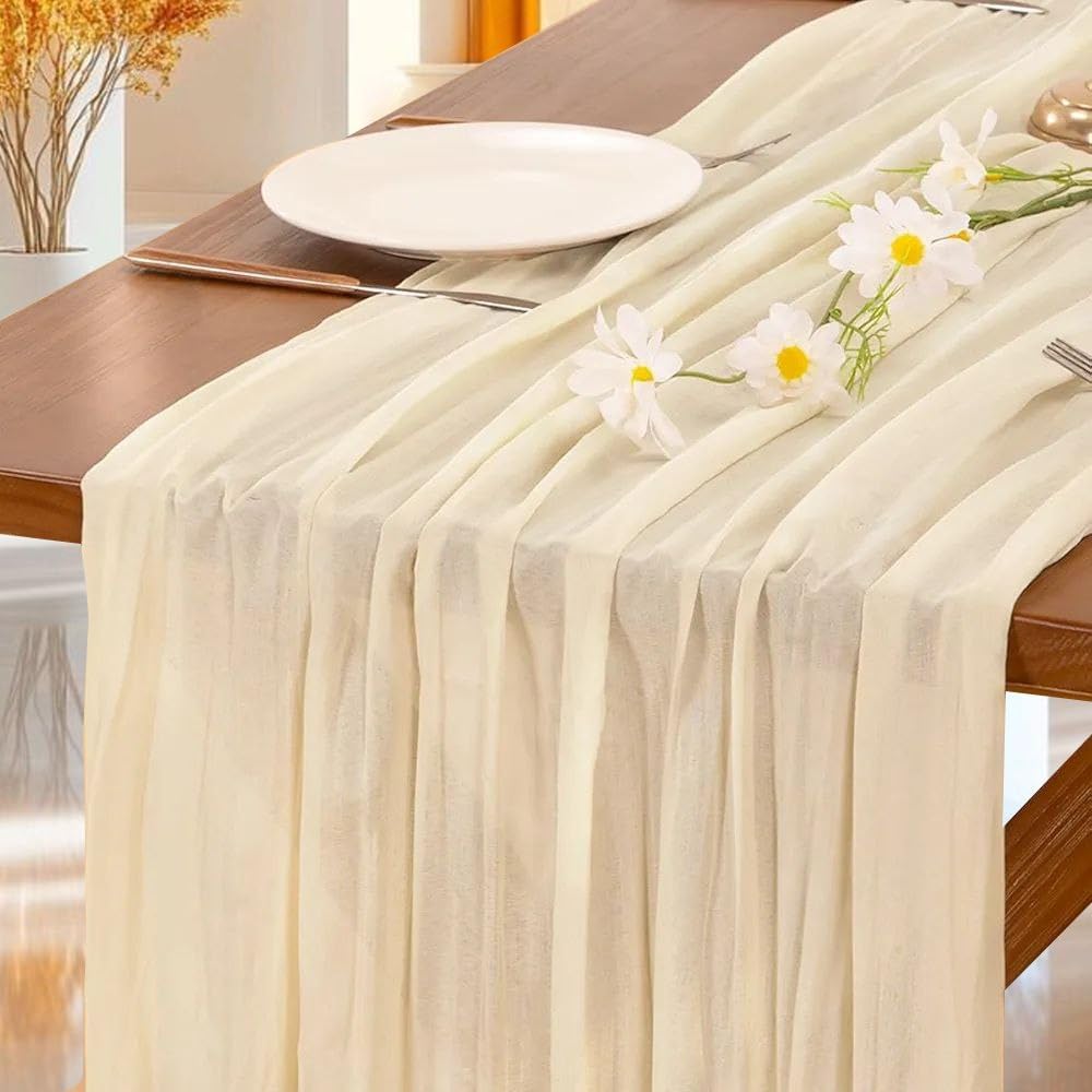 Cheesecloth Table Runner | Boho Fabric Cheese Cloth Table Runner Rustic Sheer Table Runners for Wedding, Bridal Shower, Birthday Party Décor(Sand, 10 ft Pack of 3)