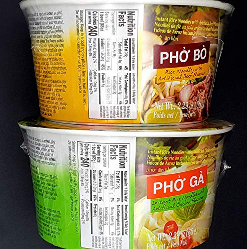 Instant Rice Noodles Vietnamese Style Ramen Pho Variety Pack | Pho Bo (Beef), and Pho Ga (Chicken) 6 Bowls - Thumbnail 3
