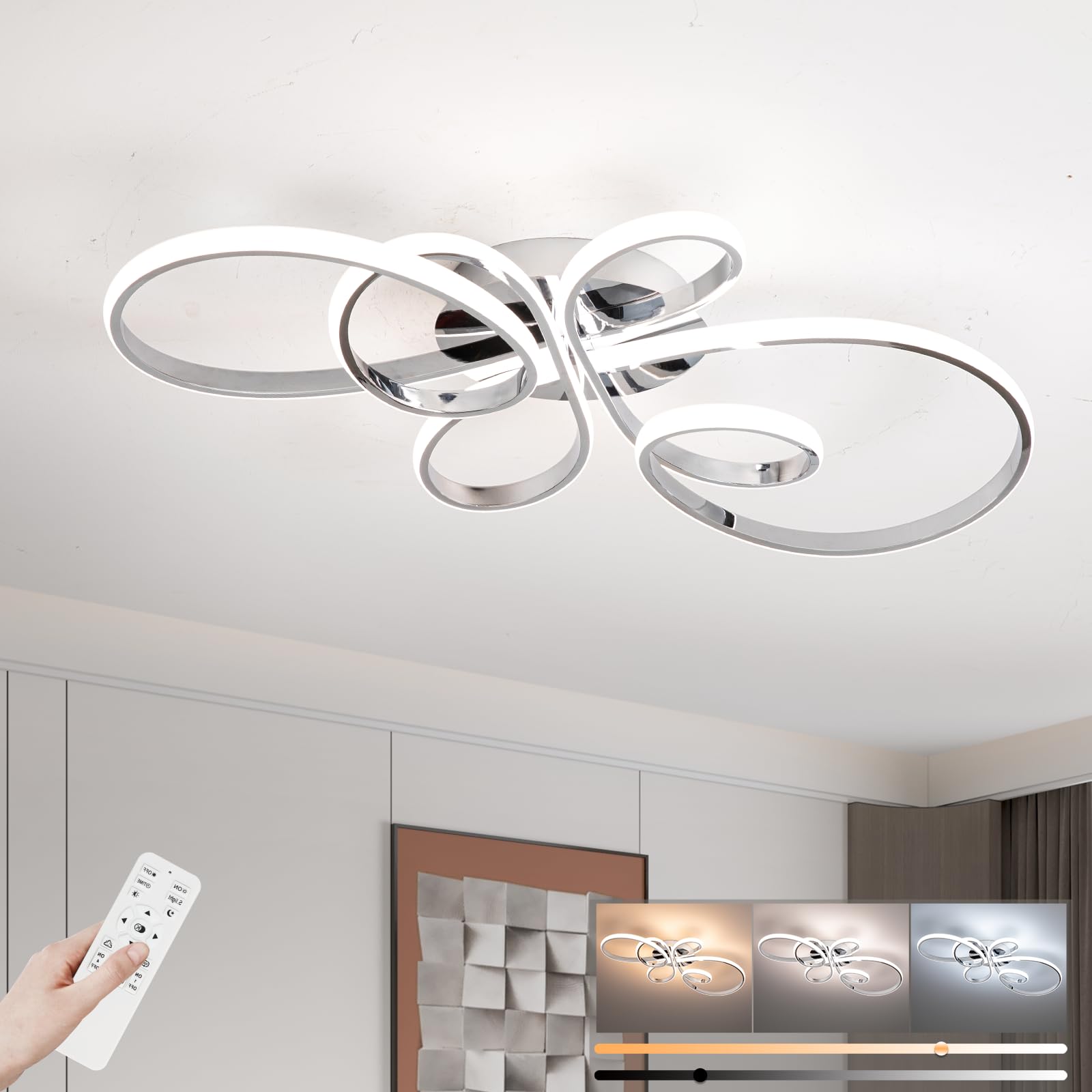 Led Ceiling Light Dimmable, Modern Led Ceiling Lamp with Remote Control, Minimalist Silver Ceiling Lights for Bedroom Kitchen Living Room Dining Office Hallway Balcony - 56W, Silver, 80cm, 3000K-6000K