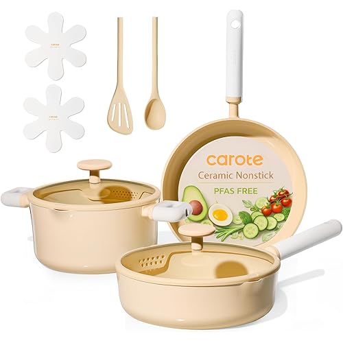 CAROTE Pots and Pans Set Nonstick, Ceramic Cookware Set, Yellow Cooking Set Kitchen Induction Set with Steamer, PFAS PTFE Free,9 Piece