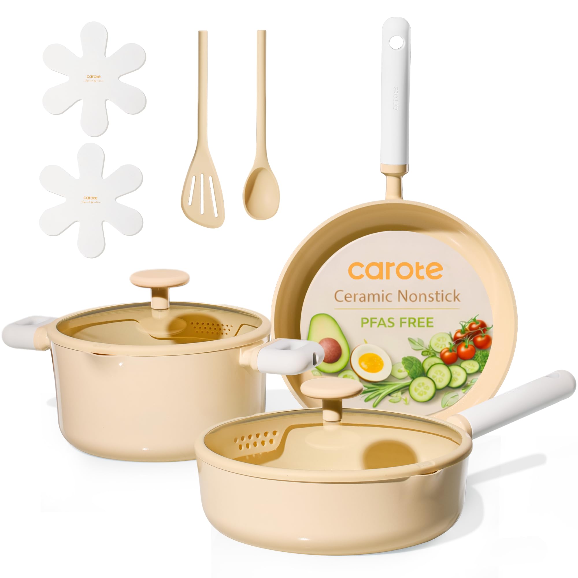 CAROTE Pots and Pans Set Nonstick, Ceramic Cookware Set, Yellow Cooking Set Kitchen Induction Set with Steamer, PFAS PTFE Free,9 Piece