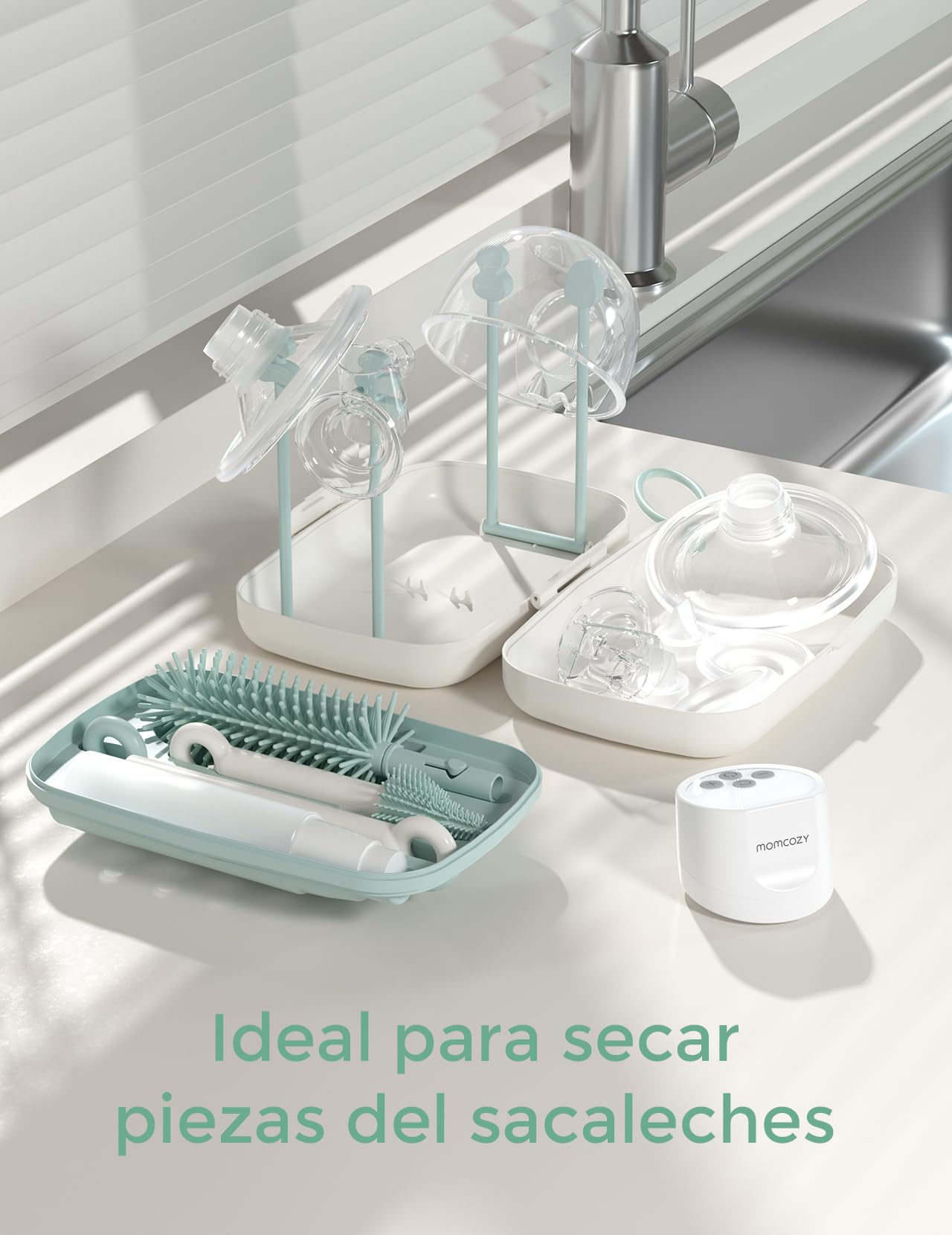 Momcozy Juego de cepillos 7 en 1 para biberones, Kit Completo de Limpieza de biberones con Cepillo de Silicona, Cepillo para pezón, Cepillo para Pajita, dispensador de jabón y Estante de Secado