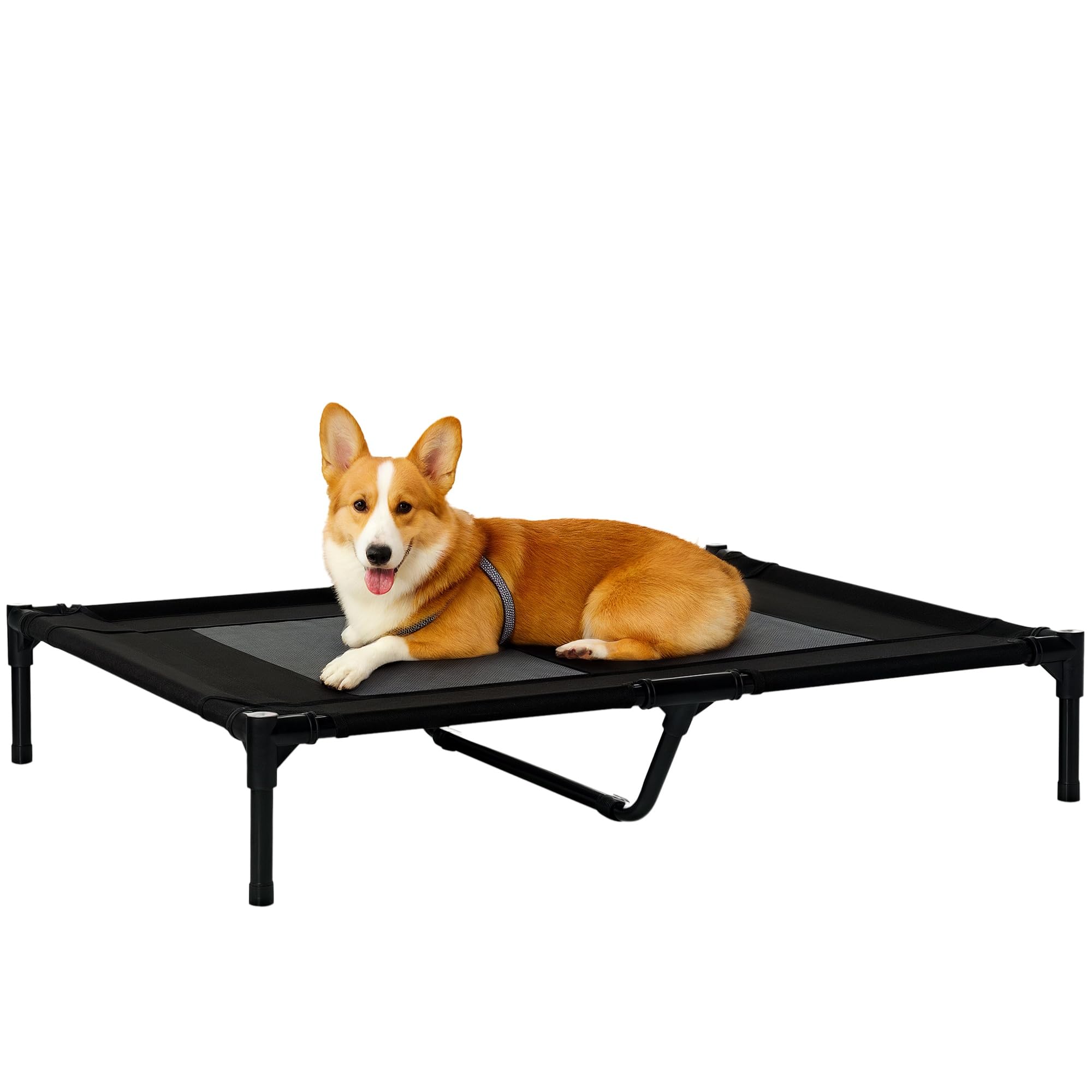 PawHut Large Raised Dog Bed Outdoor Indoor Mesh Pet Cot Metal Frame Black | Cat Elevated Lifted Cooling Portable Camping Basket