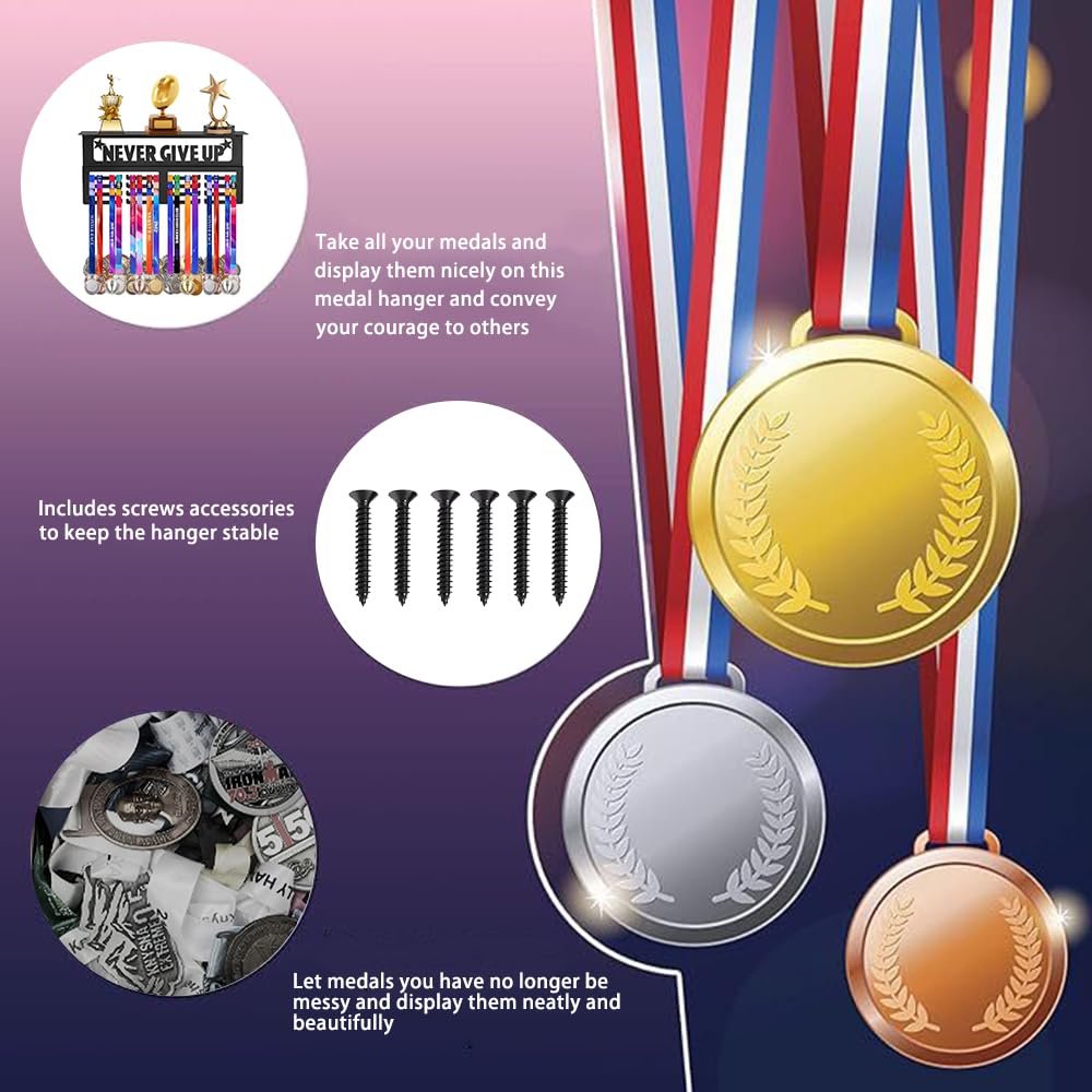 Porte Médaille Running, Présentoir de Médailles Never Give Up Support Mural pour Médailles, Porte-Médailles en Métal pour le Rangement des Médailles de Prix Olympiques pour Enfants et Adultes