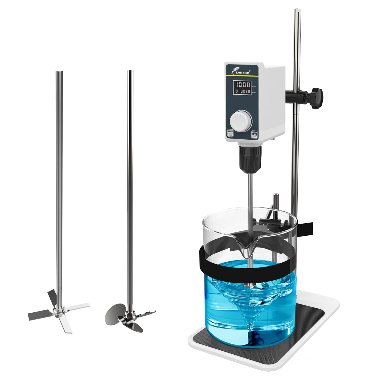 LAB FISH Agitatore a Immersione Overhead Stirrer, Miscelatore da Laboratorio 50W con Pala e Supporto Acciaio Inox, Velocità Regolabile 100-2000 RPM, Timer 1min-24h, per 20L & 20000 mPas