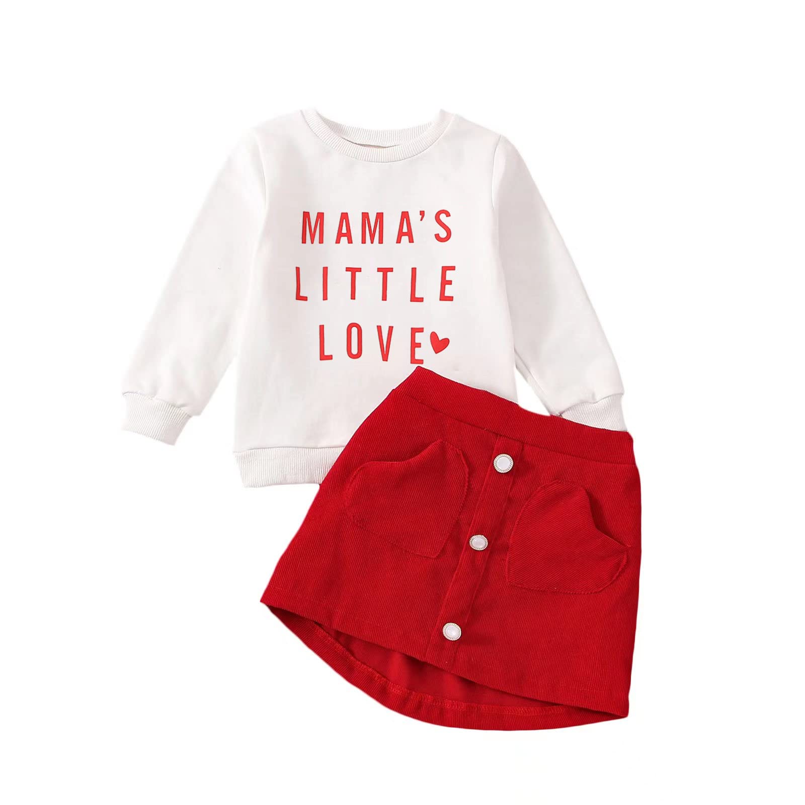 Shejingb Baby Girl Valentine's Day Outfit Letter Print Sweatshirt Long Sleeve Tops and Casual Button Corduroy Mini Skirts (C Mamas Little Love, 12-18 Months)