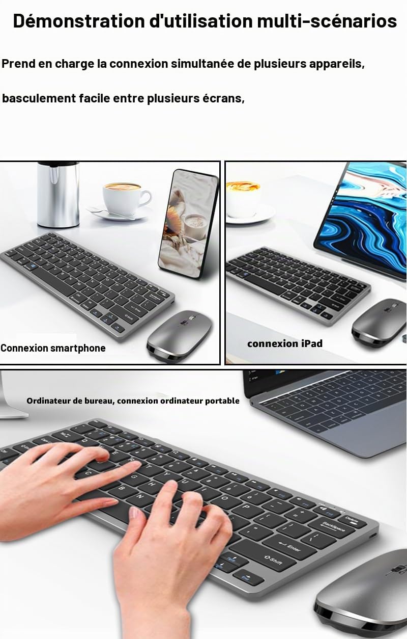 Ensembles Clavier et Souris sans Fil 2.4Ghz & 3 Bluetooth,Clavier Souris sans Fil Rechargeable Ultra-Fin Compact,Souris Silencieuse 3 D-PI Réglables,pour Ordinateur/PC/Laptop/Windows/Mac,QWERTY, Noir