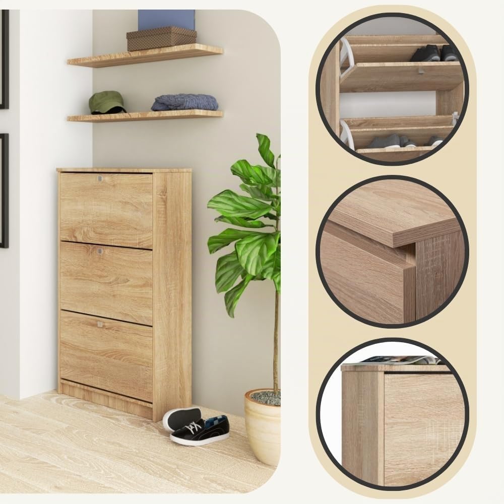 Zapatero con 3 compartimentos AKORD Roble Sonoma 60 cm 3 puertas basculantes frente en color Roble Sonoma 60x28,5x113 cm