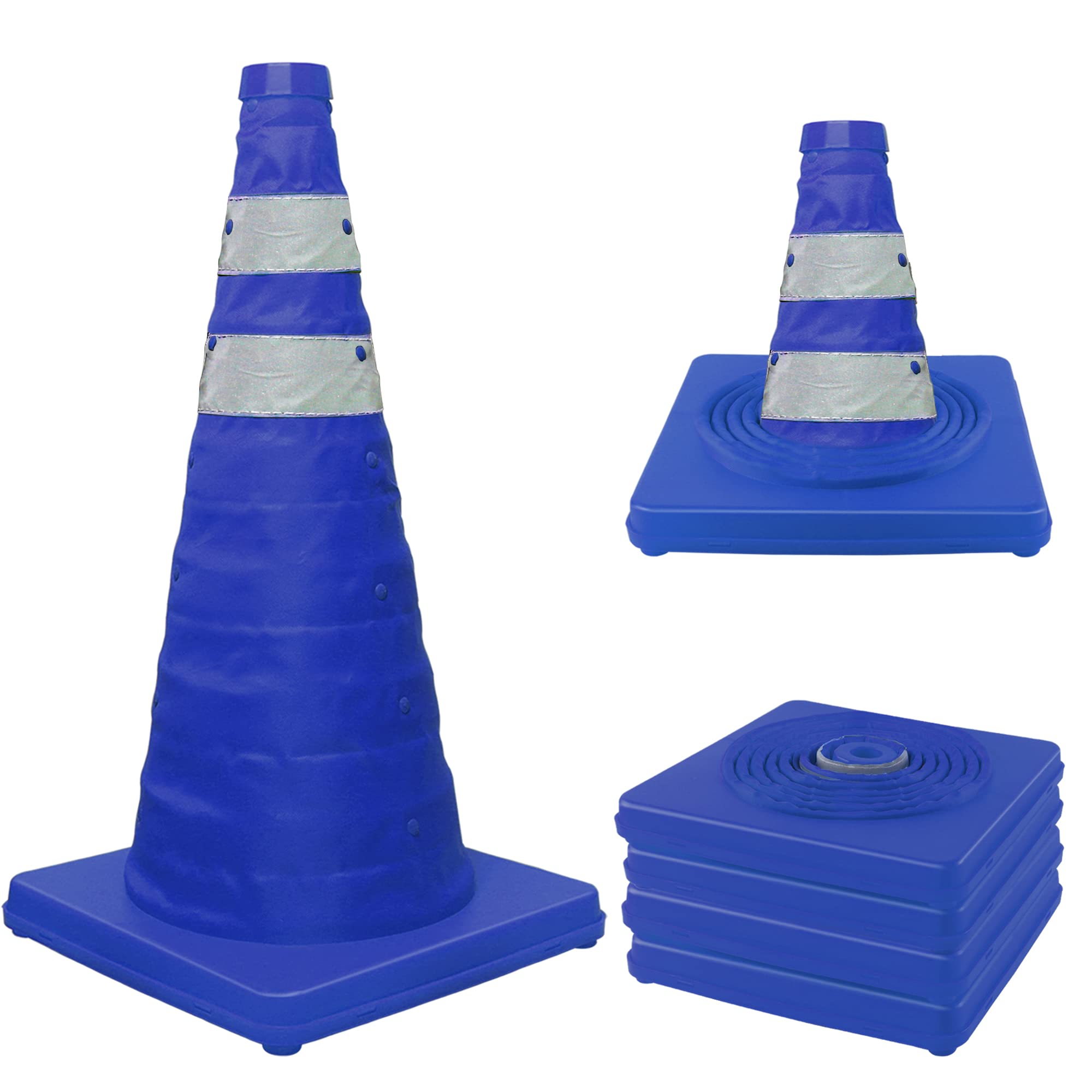 45cm Collapsible Traffic Cones, 4 Pack Parking Cones| Safety Cones| Road Cones, Blue Cones with Reflective Collars, Pop up Construction Cones for Parking Lot & Driving Practice，Blue