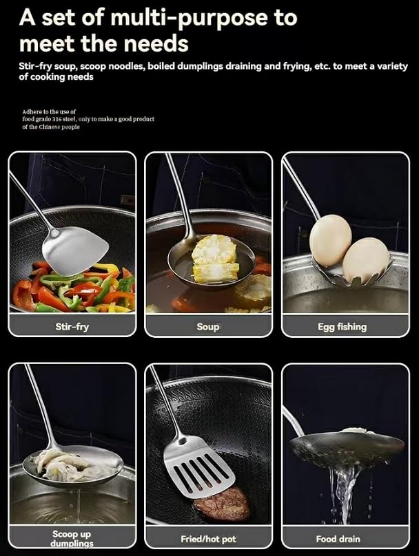 7 utensilios de cocina de acero inoxidable 316, espátula para freír, cuchara de sopa, cucharón, colador grande, espátula para freír, colador de pasta (plata, estante colgante de acero inoxidable 201)